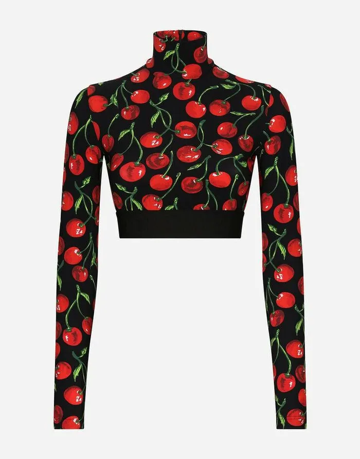 Dolce and Gabbana Sweaters And Cardigans Women Cherryprint Technical Jersey Turtleneck Top With Branded Elastic Multicolor Dolce and Gabbana Sweaters And Cardigans Women Cherryprint Technical Jersey Turtleneck Top With Branded Elastic Multicolor