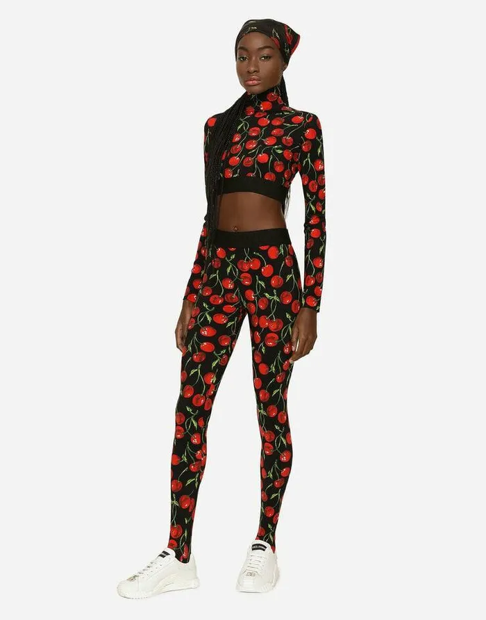 Dolce and Gabbana Sweaters And Cardigans Women Cherryprint Technical Jersey Turtleneck Top With Branded Elastic Multicolor