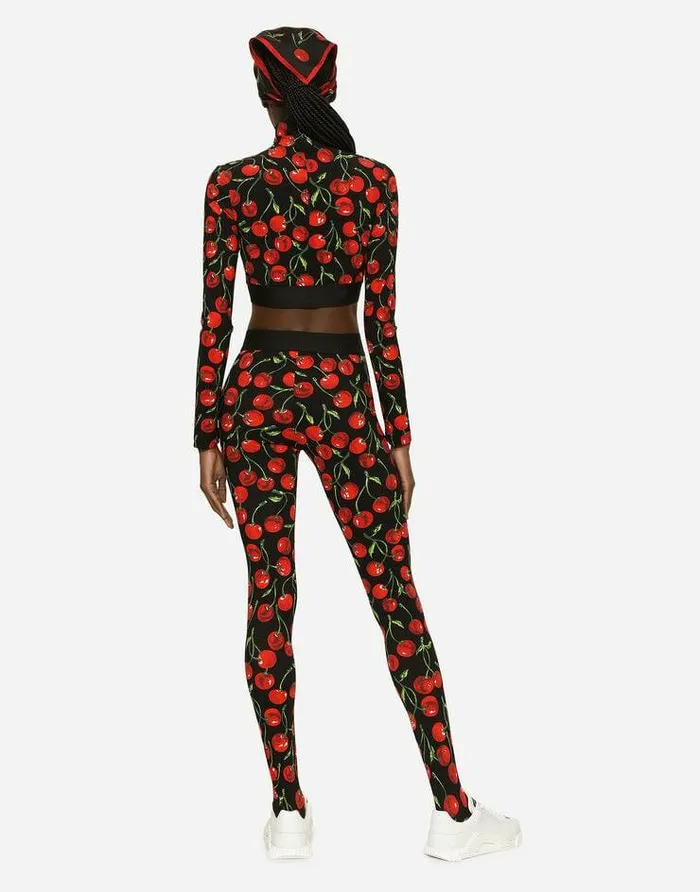 Dolce and Gabbana Sweaters And Cardigans Women Cherryprint Technical Jersey Turtleneck Top With Branded Elastic Multicolor