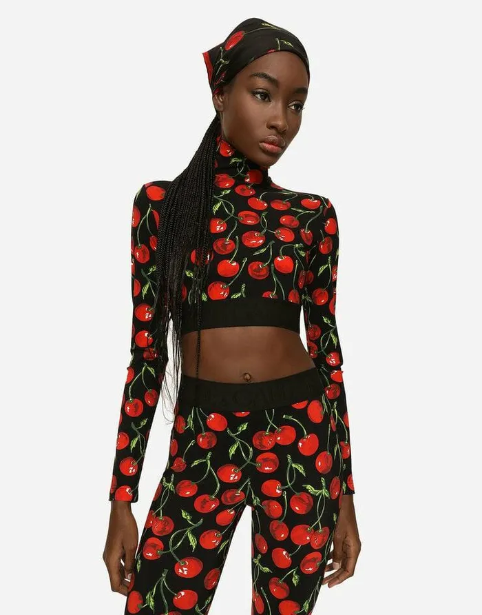 Dolce and Gabbana Sweaters And Cardigans Women Cherryprint Technical Jersey Turtleneck Top With Branded Elastic Multicolor