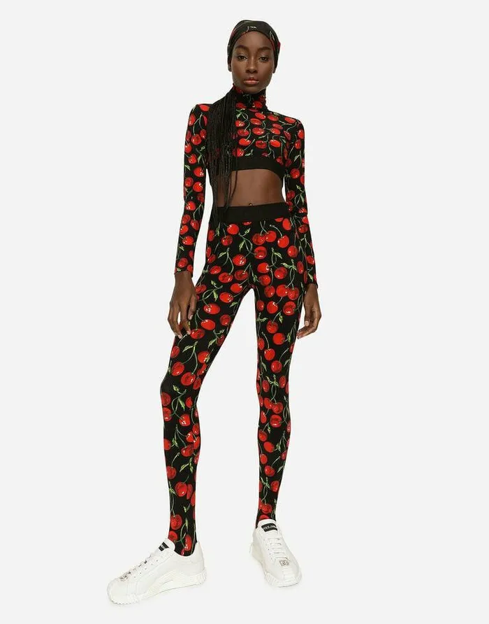 Dolce and Gabbana Sweaters And Cardigans Women Cherryprint Technical Jersey Turtleneck Top With Branded Elastic Multicolor