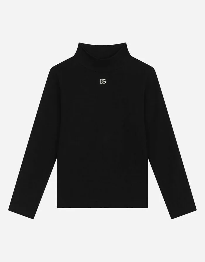 Dolce and Gabbana Sweaters Children Interlock Tshirt With Metal DG Logo Black Dolce and Gabbana Sweaters Children Interlock Tshirt With Metal DG Logo Black