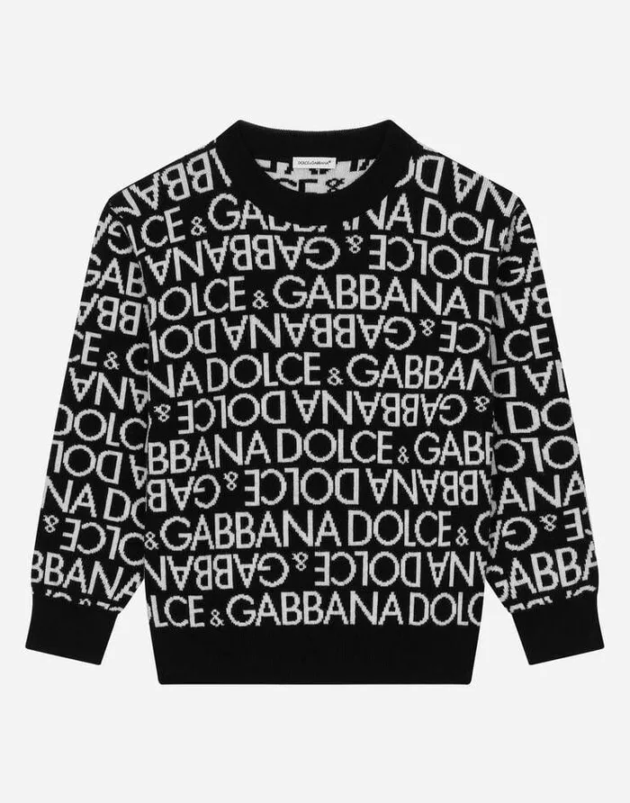 Dolce and Gabbana Sweaters Children Roundneck Sweater With Allover Jacquard Logo Multicolor Dolce and Gabbana Sweaters Children Roundneck Sweater With Allover Jacquard Logo Multicolor