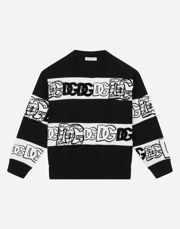 Dolce and Gabbana Sweaters Children Roundneck Sweater With Flocked DG Logo Multicolor Dolce and Gabbana Sweaters Children Roundneck Sweater With Flocked DG Logo Multicolor
