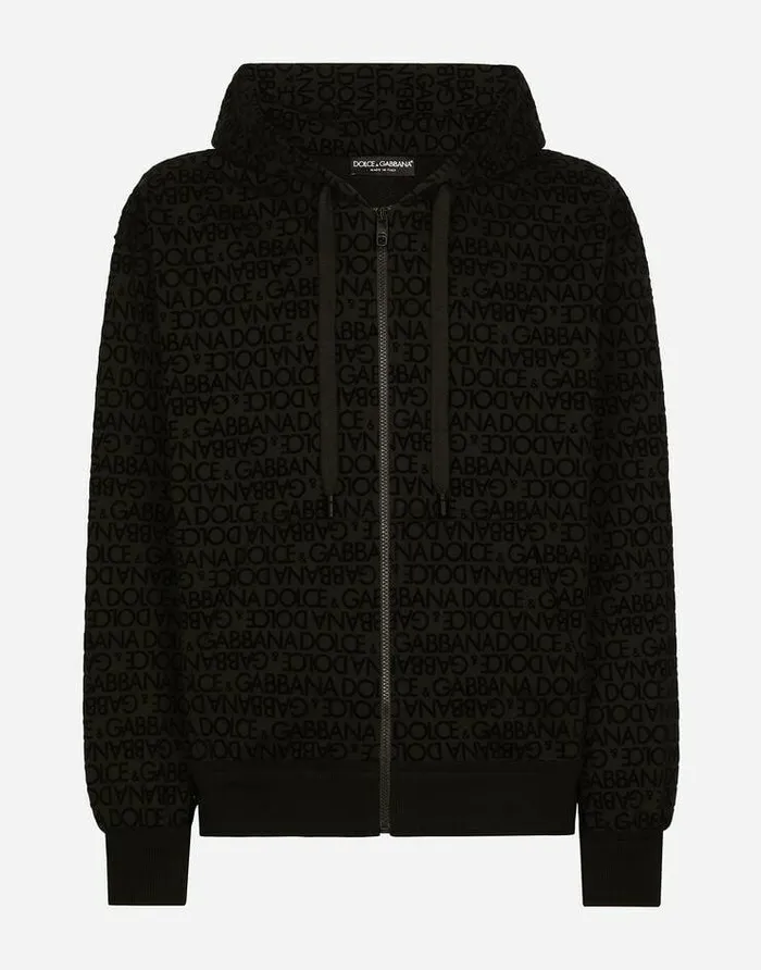 Dolce and Gabbana Sweatshirts Men Jersey Zipup Hoodie With Flocked Logo Black Dolce and Gabbana Sweatshirts Men Jersey Zipup Hoodie With Flocked Logo Black
