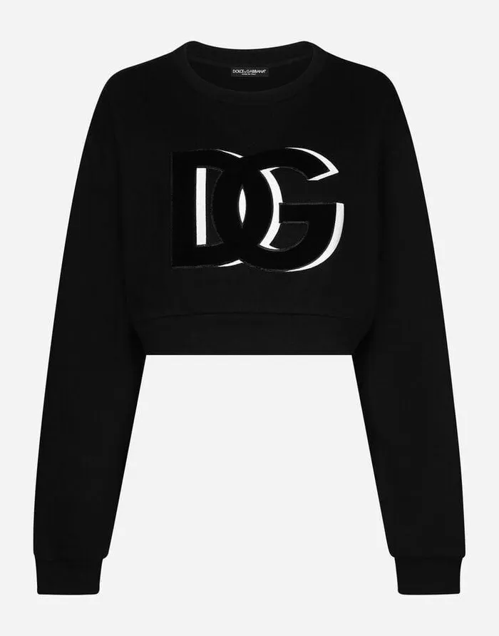Dolce and Gabbana TShirts And Sweatshirts Women Cropped Jersey Sweatshirt With DG Logo Patch Black