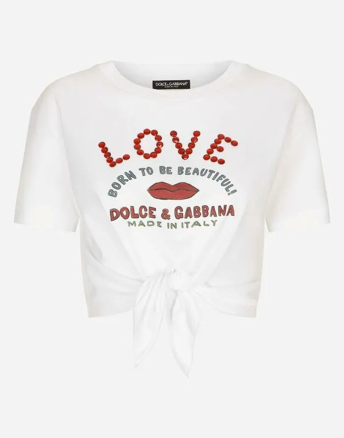 Dolce and Gabbana TShirts And Sweatshirts Women Cropped Jersey Tshirt With Knot Detail White