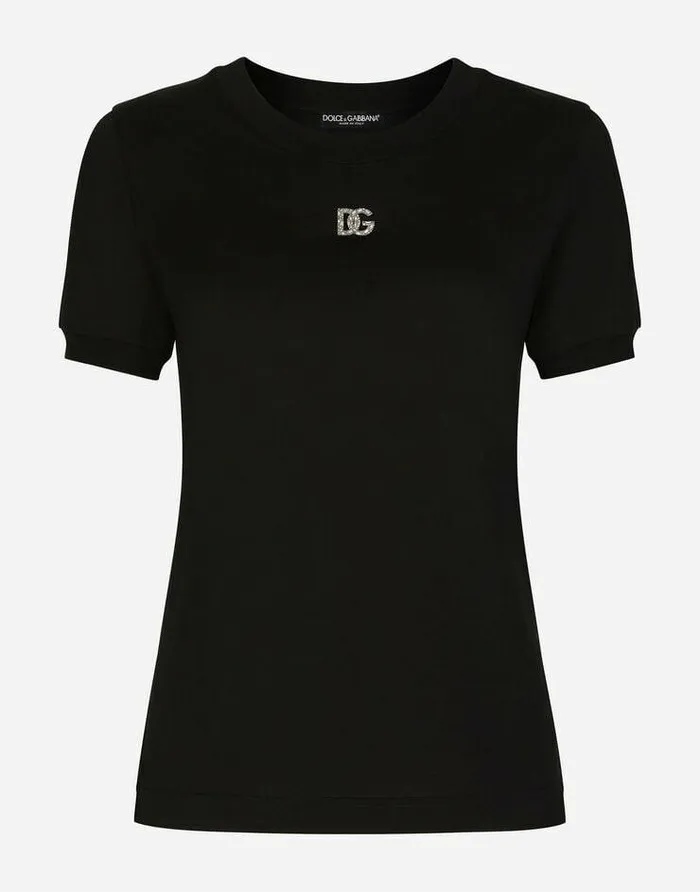 Dolce and Gabbana TShirts And Sweatshirts Women Jersey Tshirt With Crystal DG Embellishment Black