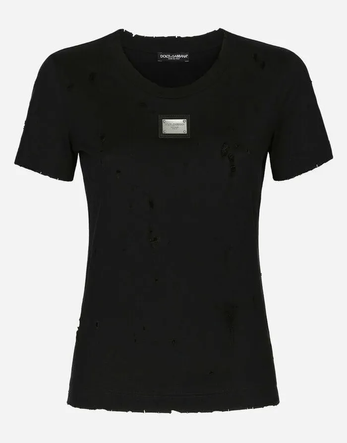 Dolce and Gabbana TShirts And Sweatshirts Women Jersey Tshirt With Rips And DolceandGabbana Tag Black