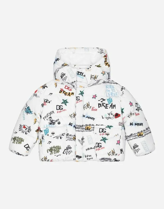 Dolce and Gabbana Topwear Children Nylon Down Jacket With DG Rock Print Multicolor