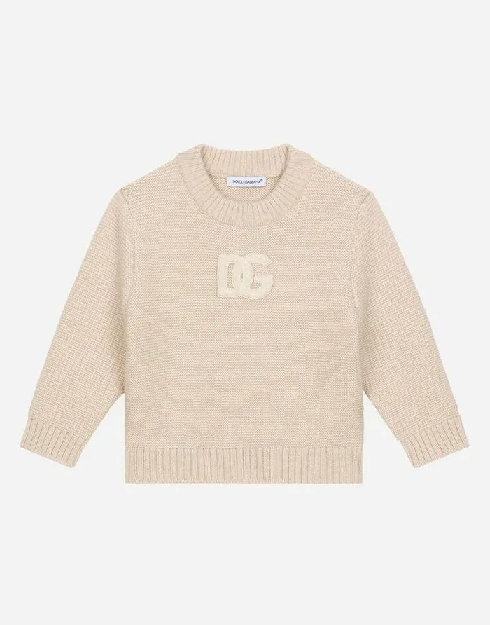 Dolce and Gabbana Topwear Children Roundneck Sweater With DG Logo Patch Beige