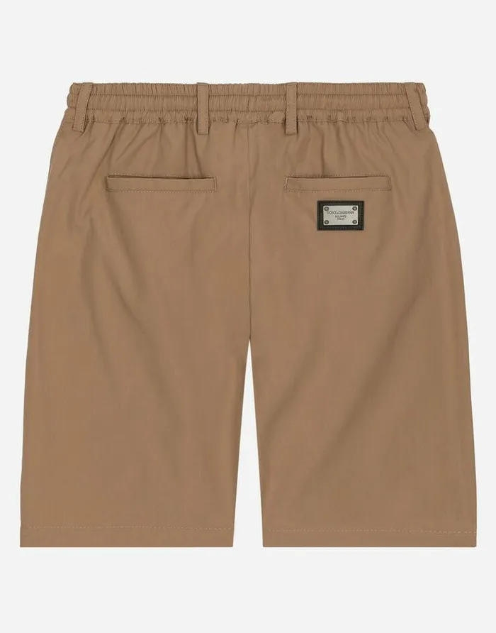 Dolce and Gabbana Trousers And Shorts Children Stretch Poplin Shorts With Logo Tag Beige Dolce and Gabbana Trousers And Shorts Children Stretch Poplin Shorts With Logo Tag Beige