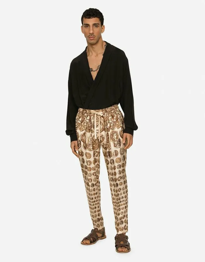 Dolce and Gabbana Trousers And Shorts Men Coin Print Silk Twill Jogging Pants White Dolce and Gabbana Trousers And Shorts Men Coin Print Silk Twill Jogging Pants White