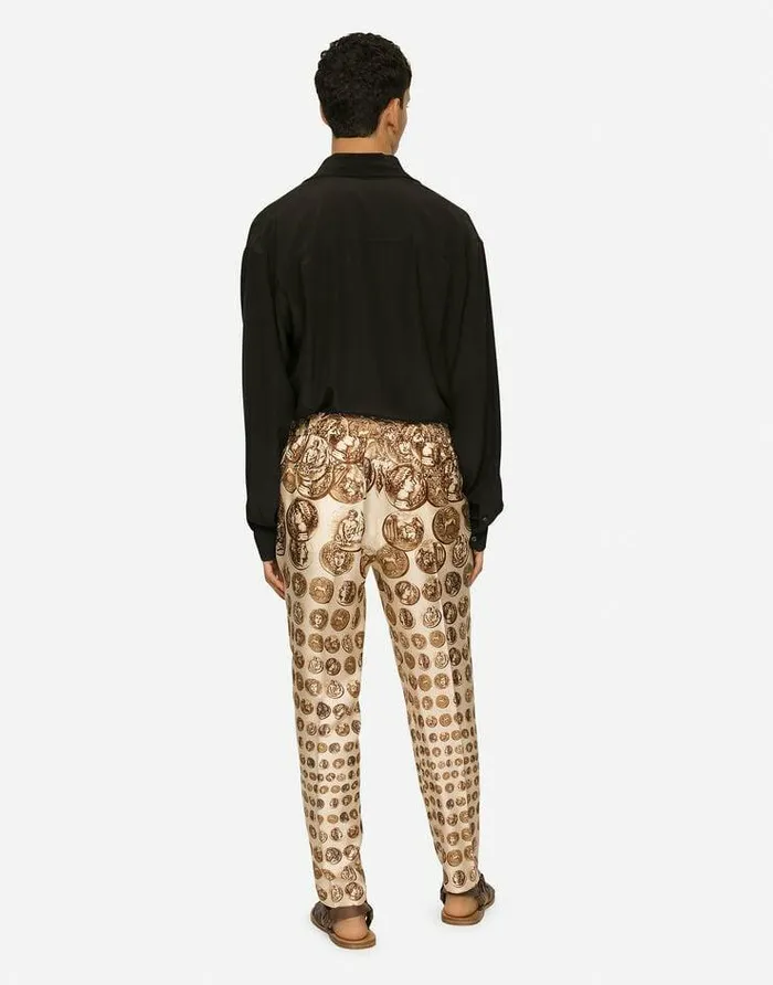 Dolce and Gabbana Trousers And Shorts Men Coin Print Silk Twill Jogging Pants White Dolce and Gabbana Trousers And Shorts Men Coin Print Silk Twill Jogging Pants White