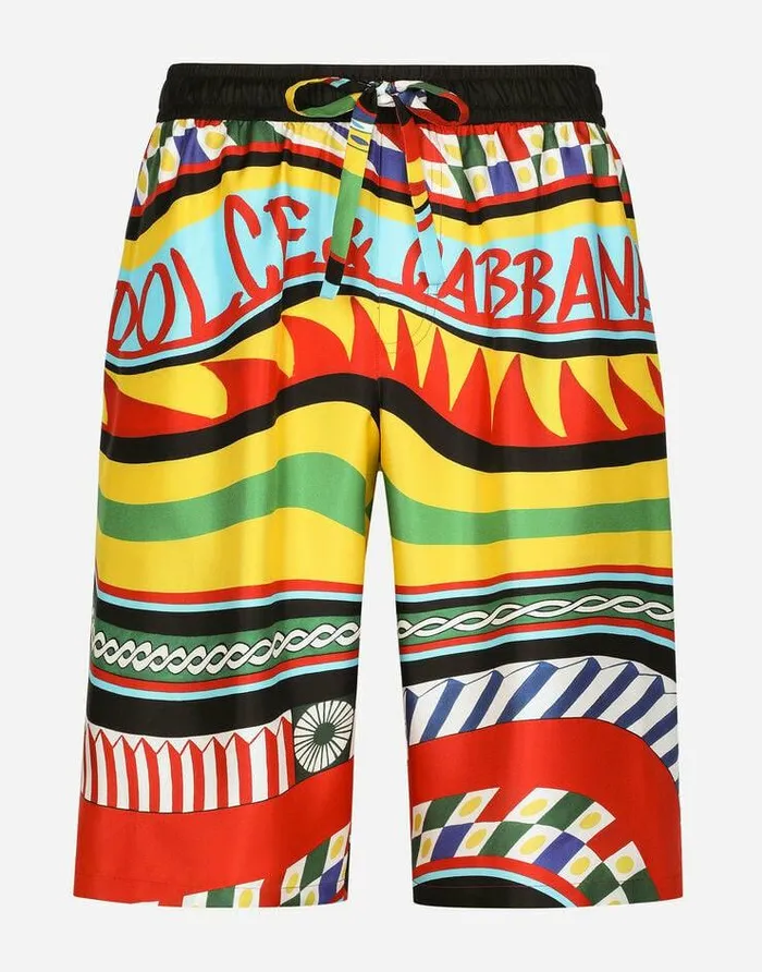Dolce and Gabbana Trousers And Shorts Men Silk Twill Jogging Shorts With Carretto Print Multicolor