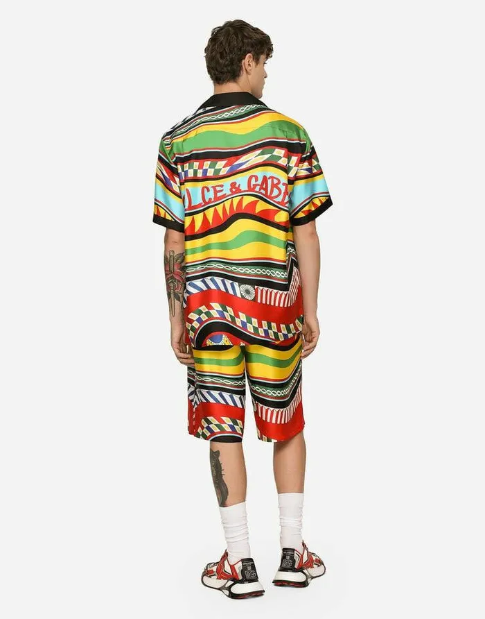 Dolce and Gabbana Trousers And Shorts Men Silk Twill Jogging Shorts With Carretto Print Multicolor Dolce and Gabbana Trousers And Shorts Men Silk Twill Jogging Shorts With Carretto Print Multicolor