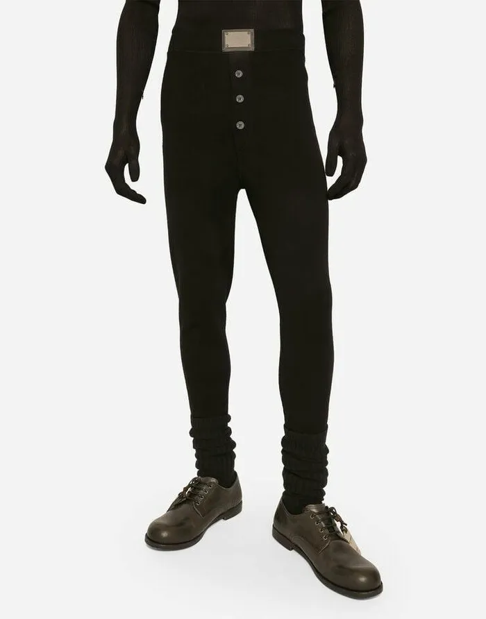 Dolce and Gabbana Trousers And Shorts Men Wool Leggings With Logo Tag Black Dolce and Gabbana Trousers And Shorts Men Wool Leggings With Logo Tag Black