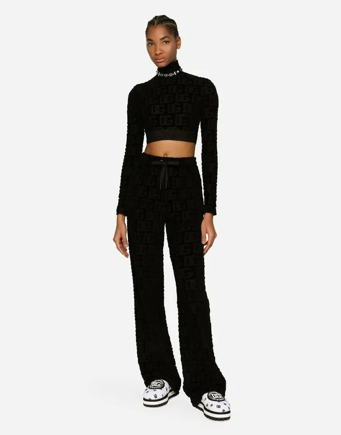 Dolce and Gabbana Trousers And Shorts Women Flared Jacquard Pants With DG Logo Black