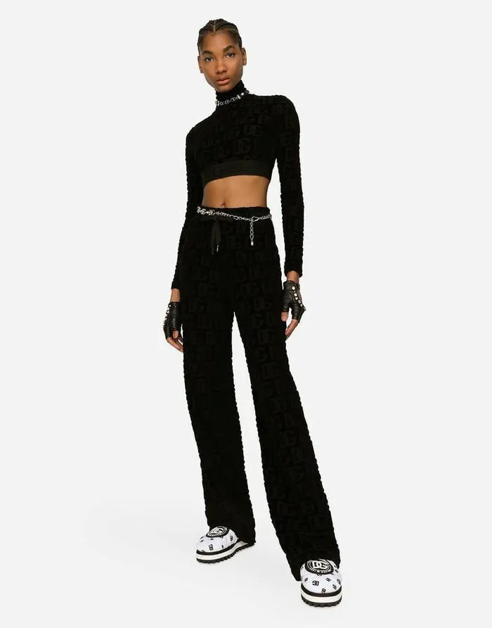 Dolce and Gabbana Trousers And Shorts Women Flared Jacquard Pants With DG Logo Black