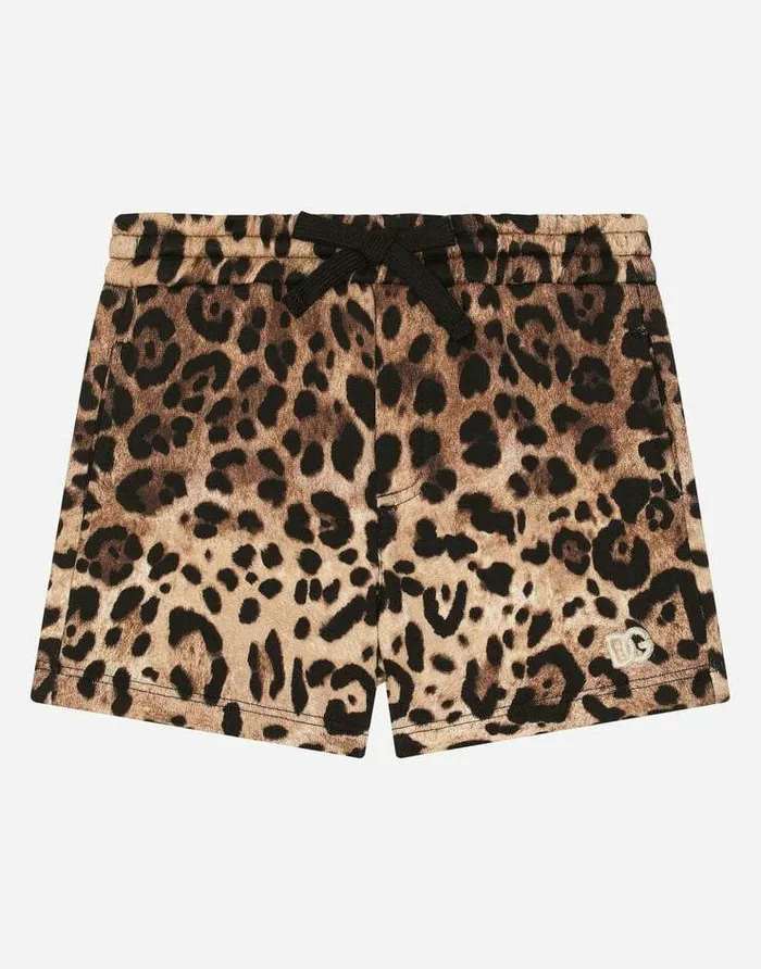 Dolce and Gabbana Trousers And Skirts Children Jersey Jogging Shorts With Leopard Print And DG Logo Embroidery Animal Print