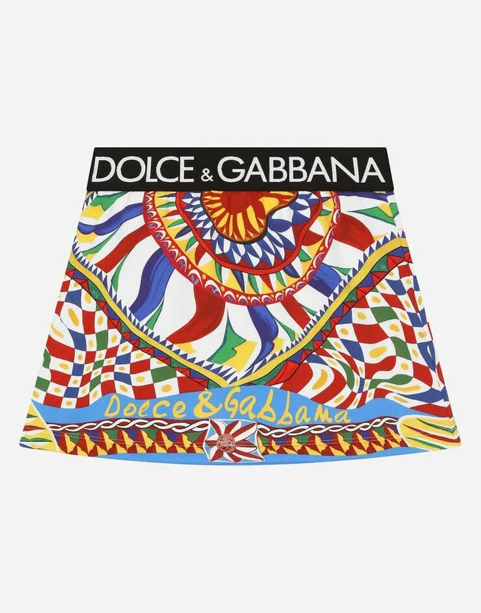 Dolce and Gabbana Trousers And Skirts Children Short Carrettoprint Jersey Skirt With Branded Elastic Waistband Multicolor