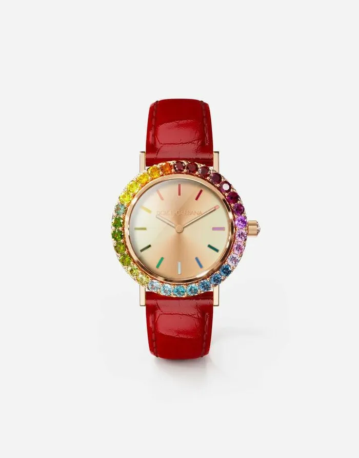 Dolce and Gabbana WatchesandStraps Women Iris Watch In Rose Gold With Multicolored Fine Gems Red Dolce and Gabbana WatchesandStraps Women Iris Watch In Rose Gold With Multicolored Fine Gems Red