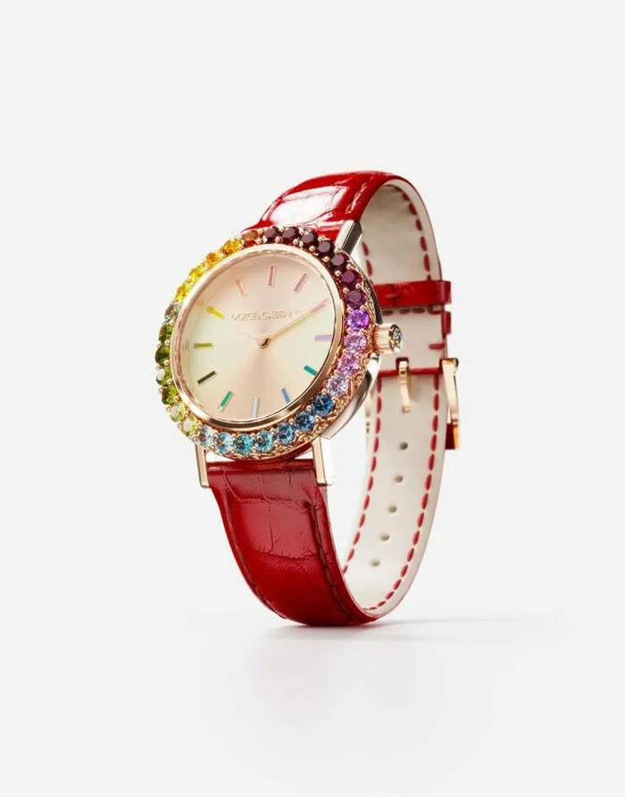 Dolce and Gabbana WatchesandStraps Women Iris Watch In Rose Gold With Multicolored Fine Gems Red