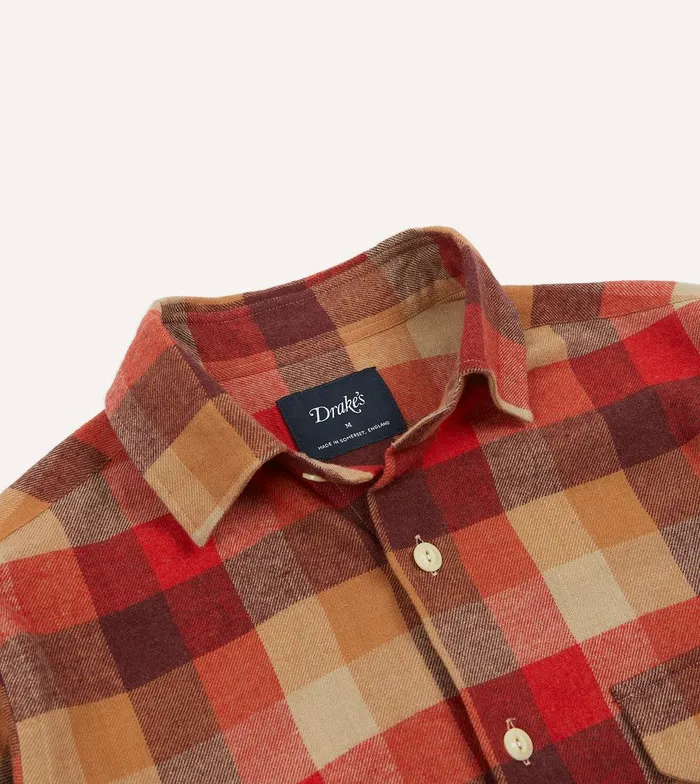 Drake039s Red And Brown Check Brushed Cotton TwoPocket Work Shirt 8211 Shirts