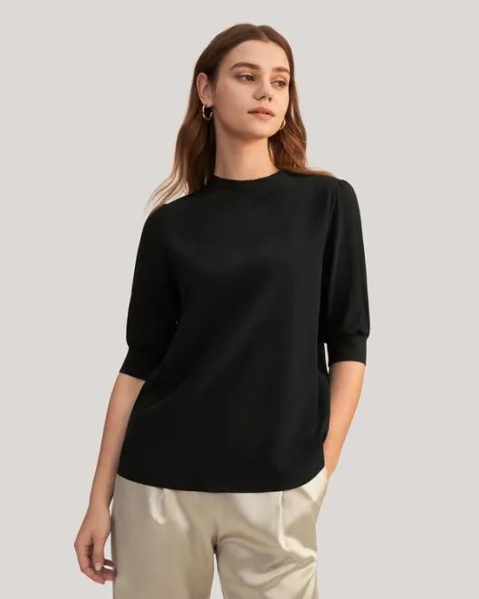 Elegant Casual Silk Tee With Rib Cuff Women Lilysilk Tops