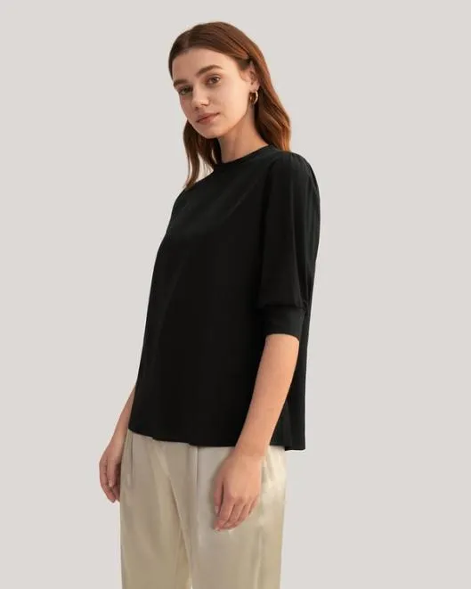 Elegant Casual Silk Tee With Rib Cuff Women Lilysilk Tops