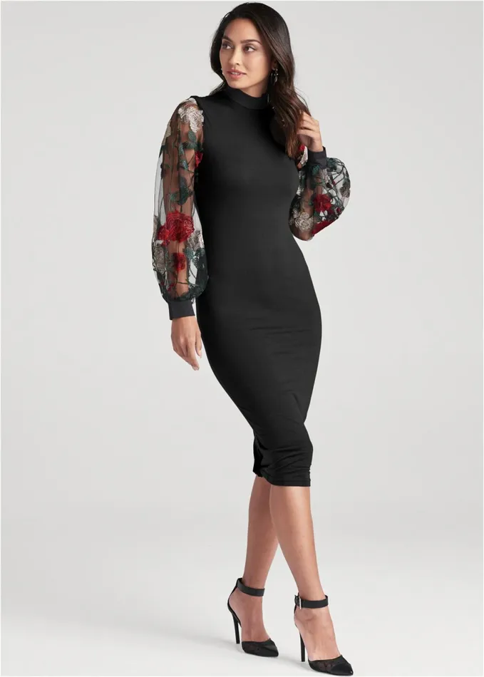 Embroidered Floral Puff Sleeve Dress Black Multi Women VENUS Party Dresses