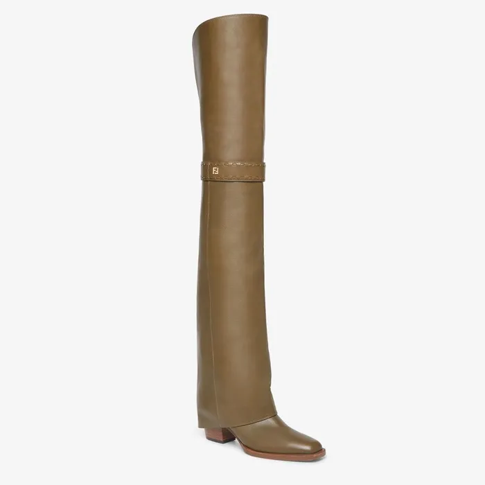 Fendi Boots and Ankle Boots Fendi Show Green Leather Mediumheeled Thighhigh Boots 8211 Women