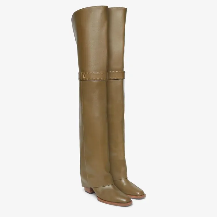Fendi Boots and Ankle Boots Fendi Show Green Leather Mediumheeled Thighhigh Boots 8211 Women