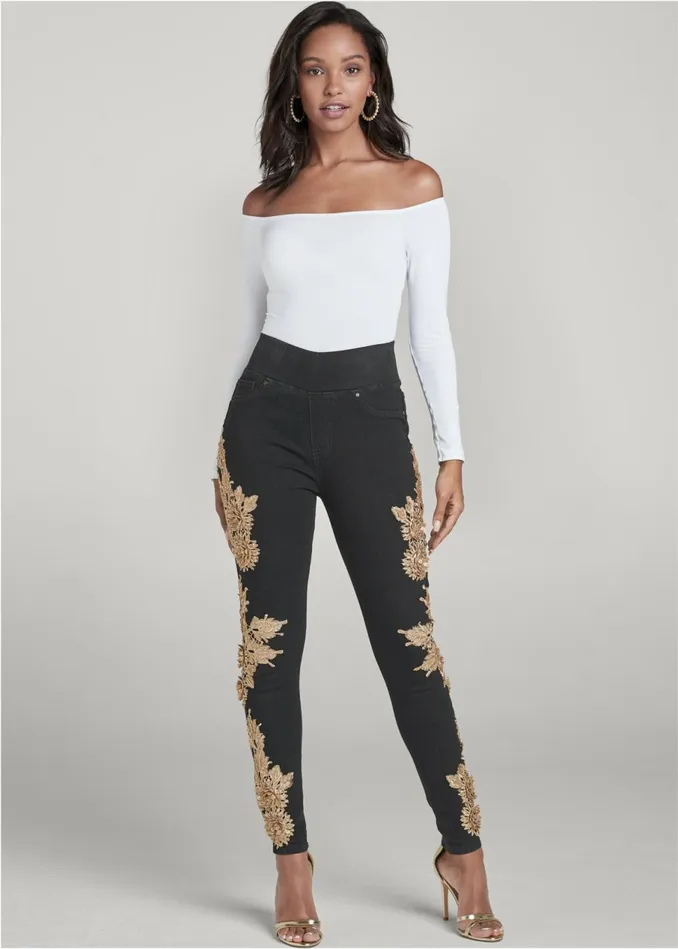 Floral Embellished Jeggings Black Denim Women VENUS Novelty Jeans
