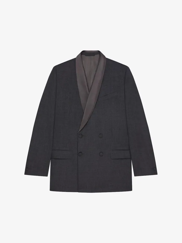 Givenchy Double Breasted Jacket In Wool With Satin Collar Dark Grey Men Coats and Jackets