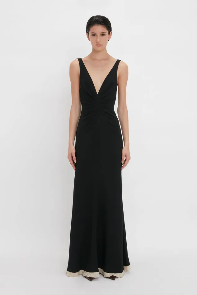 Gowns Women Victoria Beckham VNeck Gathered Waist FloorLength Gown In Black