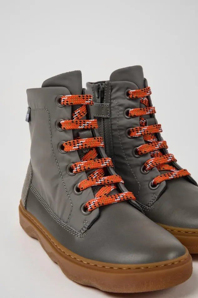 Kids Kiddo Gray Leather And Textile Ankle Boots For Kids Camper Boots