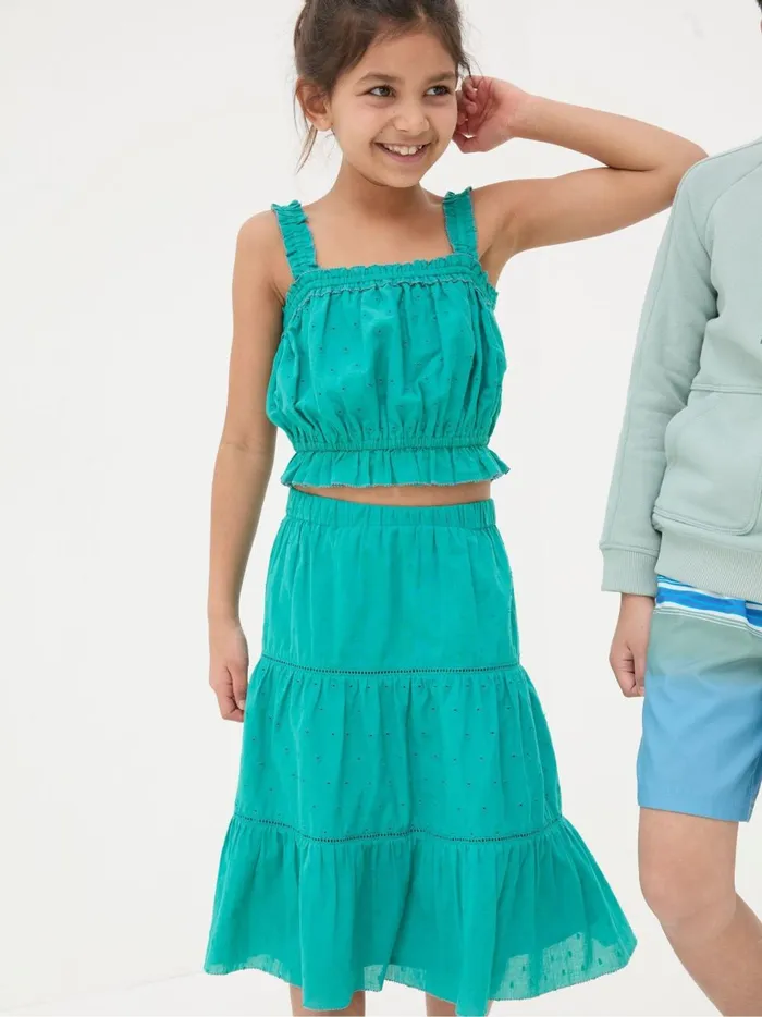 Kids Tops and TShirts Fat Face Broderie Green Skirt and Top Set