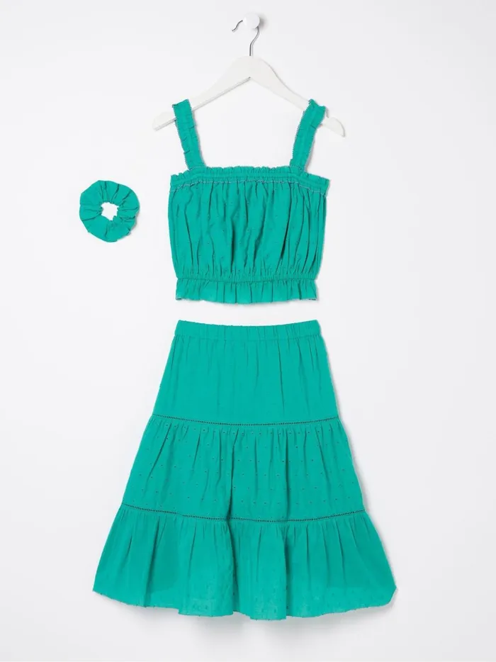 Kids Tops and TShirts Fat Face Broderie Green Skirt and Top Set