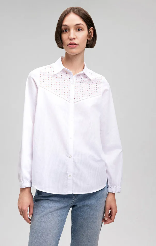 Lace Detail ButtonUp Shirt In White Women Mavi Jeans Tops and TShirts