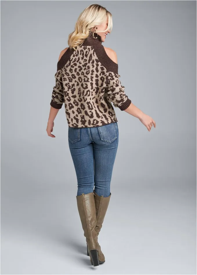 Leopard Print Coldshoulder Sweater Brown Multi Women VENUS Pullover
