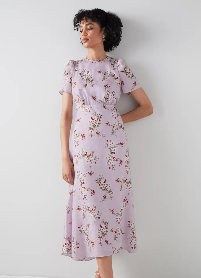 LK Bennett Boyd Pink Rosebud Print Silk Midi Dress Women Dresses