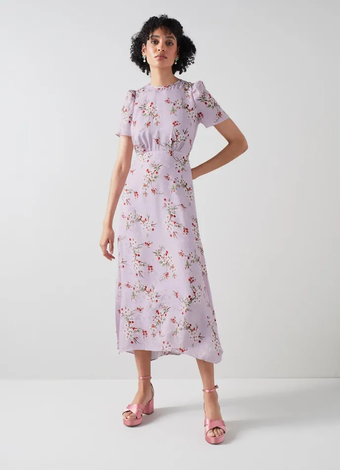 LK Bennett Boyd Pink Rosebud Print Silk Midi Dress Women Dresses