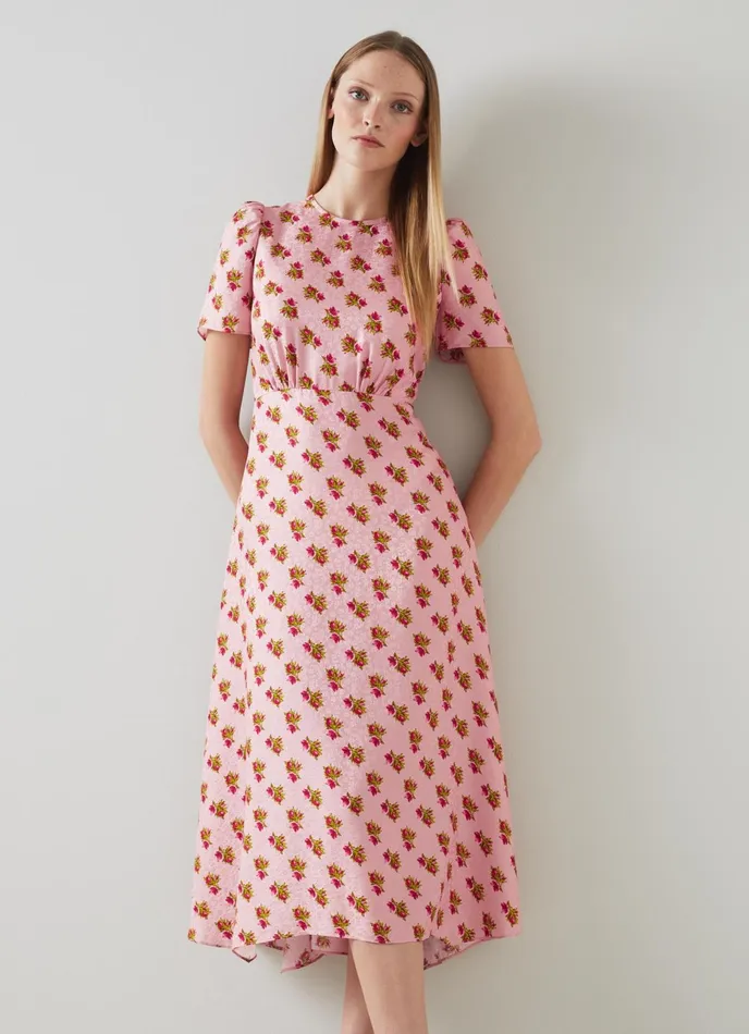 LK Bennett Boyd Pink Rosebud Print Silk Midi Dress Women Dresses