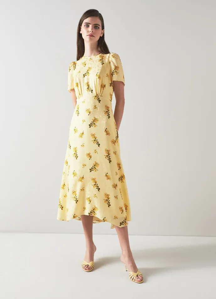LK Bennett Boyd Pink Rosebud Print Silk Midi Dress Women Dresses