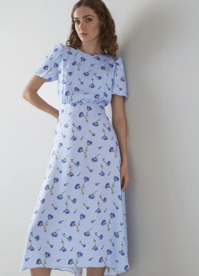 LK Bennett Boyd Pink Rosebud Print Silk Midi Dress Women Dresses