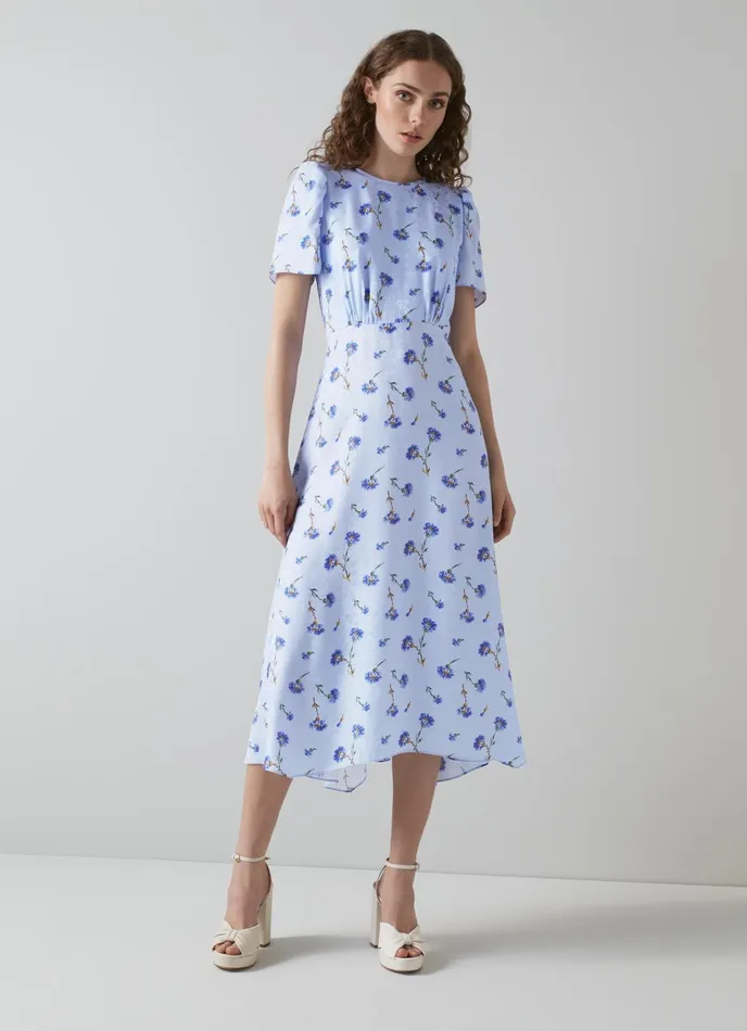LK Bennett Boyd Pink Rosebud Print Silk Midi Dress Women Dresses