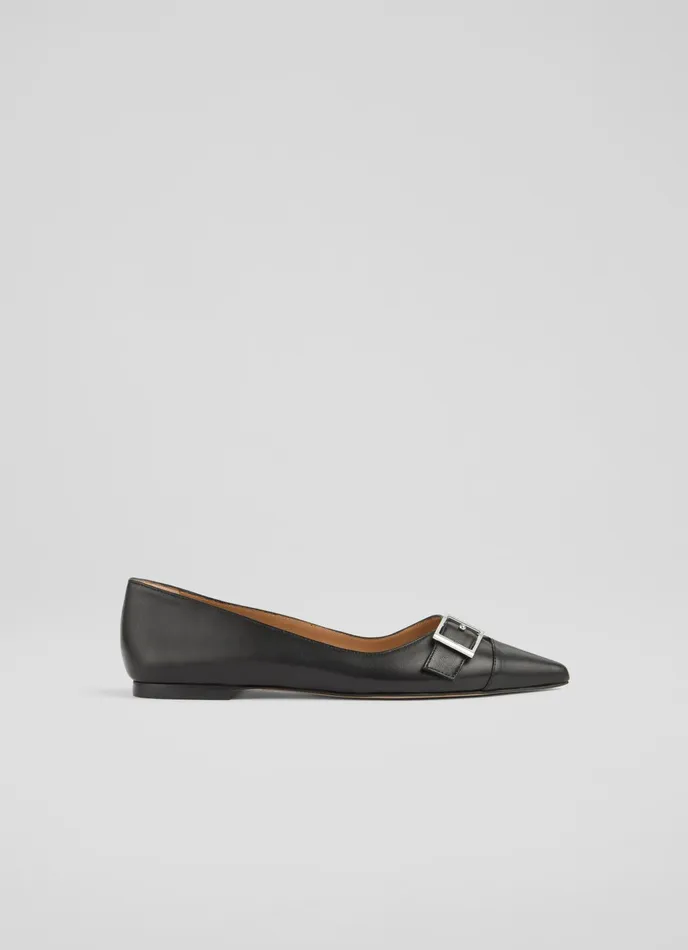 LK Bennett Brynn Black Leather BuckleDetail Flats Women Flats