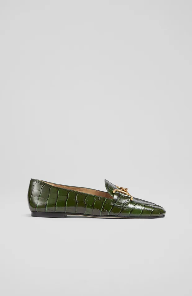 LK Bennett Daphne Green CrocEffect Leather Loafers Women Flats