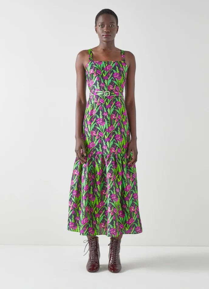 LK Bennett Essie Midnight Floral Print Raw Silk Dress Women Dresses